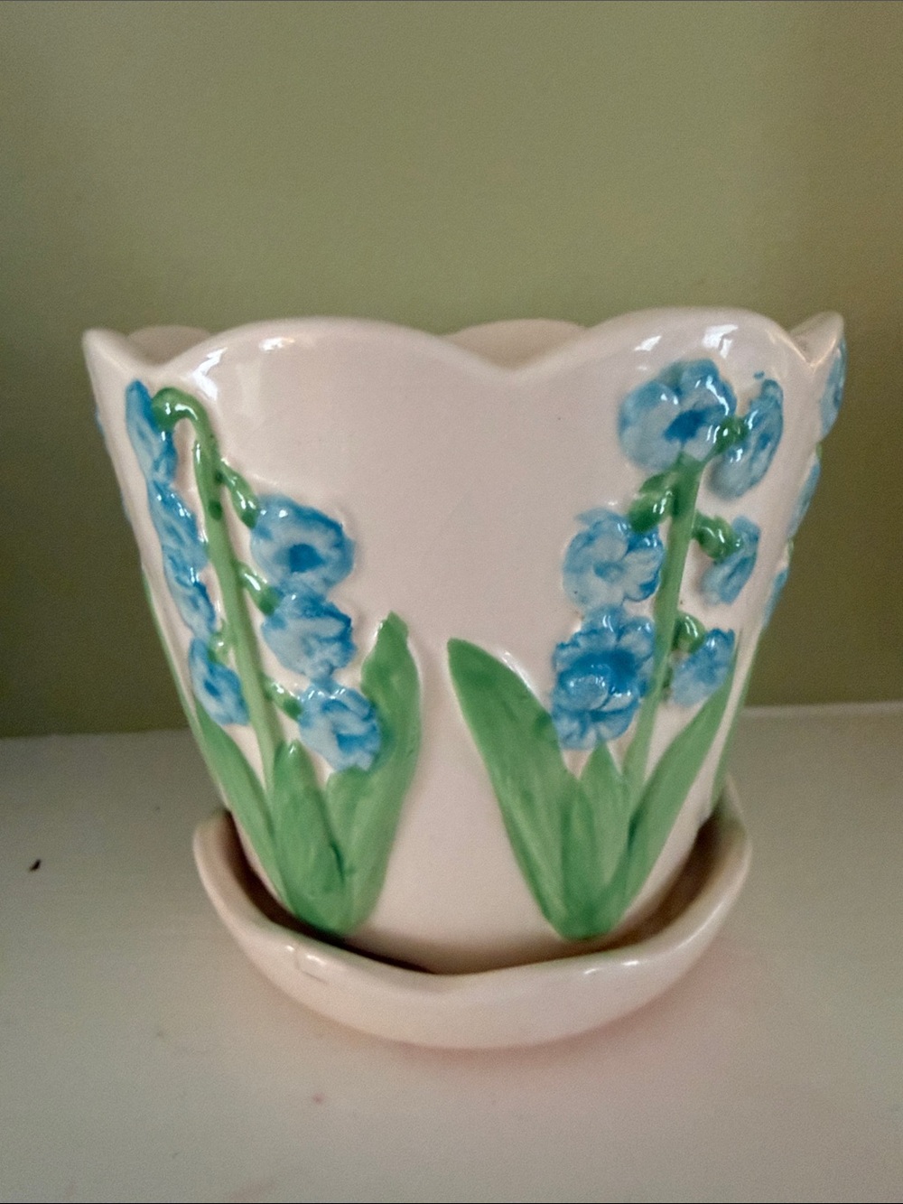 Vintage Hand Painted Ceramic Flower Pot Planter with Attached Saucer Blue Floral